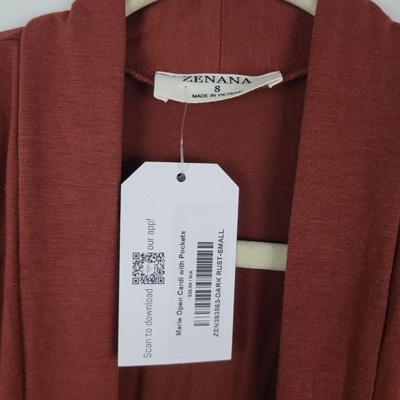 NEW Zenana Rust Soft Stretchy Open Cardigan with Pockets Sz S NWT - Picture 2 of 6